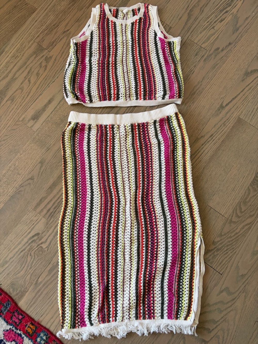 Old Navy Multi-Colour Striped Crochet Top (S) & Midi Skirt (L) Set
